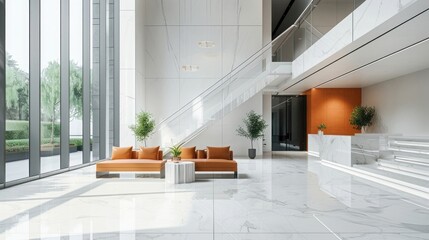 Wall Mural - A modern interior of an office building lobby with a seating area and stairs, a glass curtain wall, white walls, a polished marble floor,