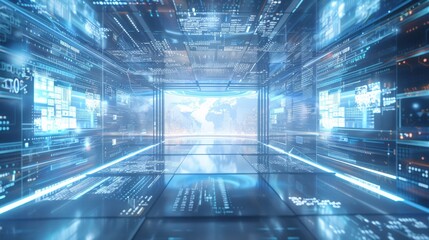 Fototapete - High-Tech Industrial Control Room with Holographic Interfaces and Real-Time Data Monitors during Nighttime Operations