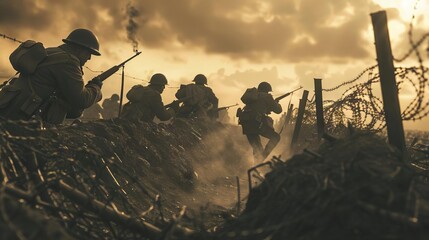 Wall Mural - gritty battlefield scene from world war era soldiers in trenches at war front