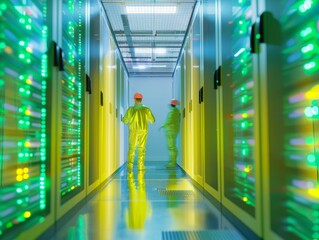 Poster - Abstract Blurry Photo of Two Tech Workers in a Vibrant Green Data Center: Symmetrical Composition, Long Exposure, High Definition
