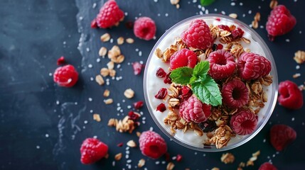 Wall Mural - sweet dessert with granola, fresh raspberries and fruit yoghurt, top view