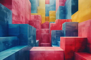 Aufkleber - Minimalist isometric design featuring alternating cubes in cool, calming colors,