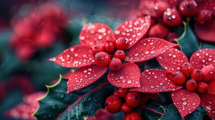 Wall Mural -   A macro shot of a cluster of scarlet blooms adorned with dew droplets and verdant foliage splattered with moisture