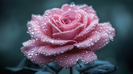 Wall Mural -   Close-up of a pink rose with water droplets on petals against a dark background