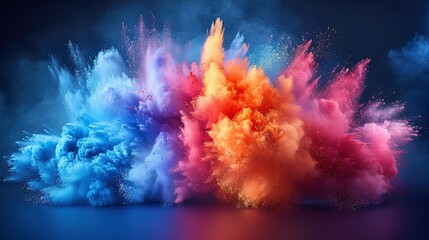 Wall Mural -  A rainbow-colored powder bursts from the top of a blue and pink object against a blue background