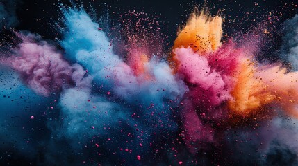 Wall Mural -   A group of colorful powders fly in the air against a black backdrop, with a dark sky visible behind