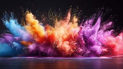 Wall Mural -   A vibrant burst of colored powders against a dark backdrop, reflecting a body of water in the foreground
