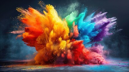 Wall Mural -  A vibrant explosion of colored powder against a dark background, surrounded by a blue sky