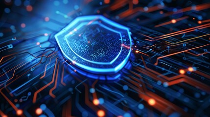 Closeup of a digital shield icon on a network interface, emphasizing security protection, technology tone, vivid color scheme