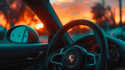 Wall Mural - Rusty car steering wheel overlooking sunset on a lake