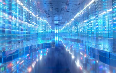 Poster - Advanced Data Center Environment with Illuminated Servers Operating Under Florescent Lights, Showcasing Modern Technological Infrastructure and Data Management