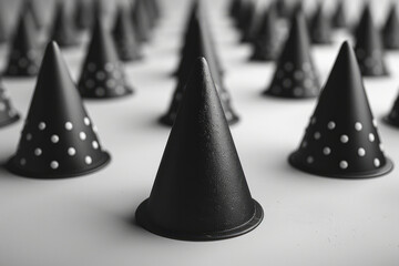 Fototapete - A seamless pattern of small, evenly spaced isometric cones in a monochrome color scheme,