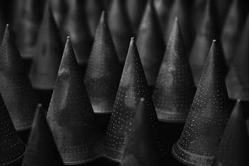 Fototapete - A seamless pattern of small, evenly spaced isometric cones in a monochrome color scheme,