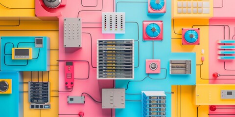 Poster - Seamless Data Center Pattern Illustrating Servers, Cables, and Cooling Systems in Bright Colors
