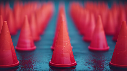Fototapete - Randomly rotated isometric cones in a single color, scattered across the background,