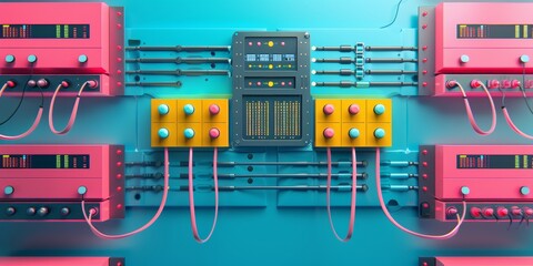 Poster - Detailed Illustration of Modern Data Center Infrastructure: Vibrant Servers, Cables, and Cooling Systems in a Seamless Pattern