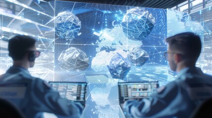 Poster - Cybersecurity Team in Command Center Monitoring Global Networks and Protecting Industrial Data at Night, Featuring Dynamic Displays and Social Media Updates