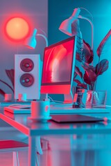 Poster - Sophisticated Computer Setup with Multiple Monitors Displaying AI-Driven Graphics in a Modern Office at Night