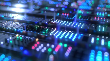Poster - Detailed View of a Modern Data Center with Bright Blue and Green Indicator Lights Highlighting Advanced Technology Infrastructure