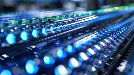 Poster - Modern Data Center Operations: Vibrant Blue and Green Lights Illuminate Rows of High-Tech Servers in a Bright, Clean Environment