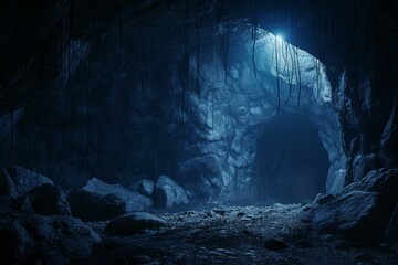 dark cave opening illuminated by natural sunlight filtering through the entrance