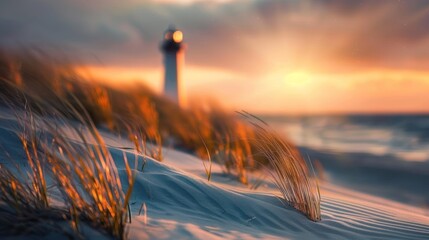 Poster - Serene view of a lighthouse during sunset, framed by sand dunes and coastal grass, AI-generated.