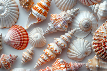 Leinwandbilder - Minimalist isometric seashells, scattered randomly across the background,