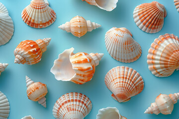 Leinwandbilder - Minimalist isometric seashells, scattered randomly across the background,