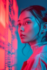 Fototapete - Young East Asian Female Programmer Engaged in AI Technology Development in a Neon-Lit Workspace