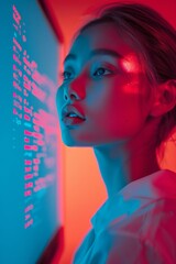 Fototapete - Young East Asian Female Technology Worker Coding on AI-Driven Futuristic Screen in Neon Light