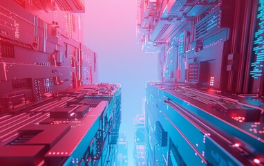 Aufkleber - Illuminated Futuristic Cityscape with Holographic Tech Elements at Dusk - Concept of Advanced Urban Technology Integration