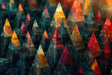Leinwandbilder - Abstract isometric pattern of pyramids and chemical structures, blending seamlessly,