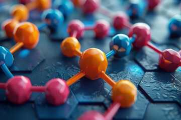 Poster - Minimalist isometric triangles and hexagons, interspersed with simple molecule icons,