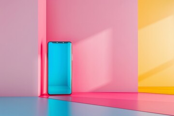 Poster - Futuristic Smartphone with Holographic Interface in Modern Colorful Apartment Setting