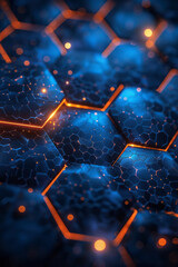 Poster - Abstract isometric hexagonal grids with molecular icons, creating a cohesive design,
