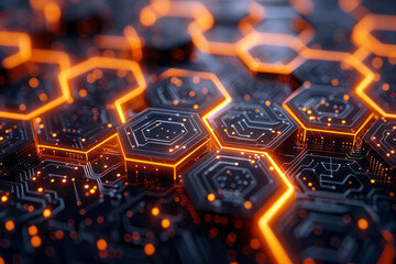 Leinwandbilder - Isometric pattern of interconnected hexagons with embedded minimalist circuit board icons,