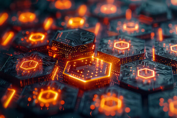 Aufkleber - Isometric pattern of interconnected hexagons with embedded minimalist circuit board icons,