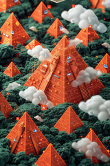 Fototapete - Isometric repeating pattern of pyramids with embedded cloud computing icons,