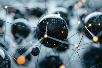 Fototapete - Abstract isometric spheres and lines representing atoms and data points, arranged in a lattice,