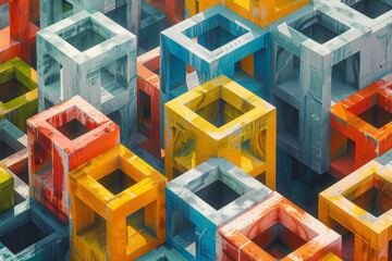 Fototapete - Isometric pattern of geometric prisms with integrated Wi-Fi symbols,