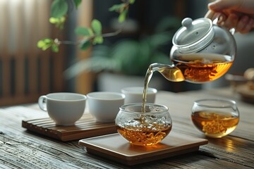 Wall Mural - A person is pouring tea into a glass cup from a teapot
