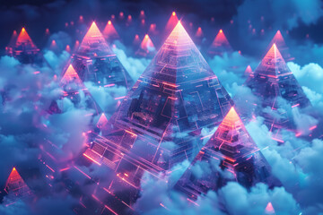 Poster - Isometric repeating pattern of pyramids with embedded cloud computing icons,
