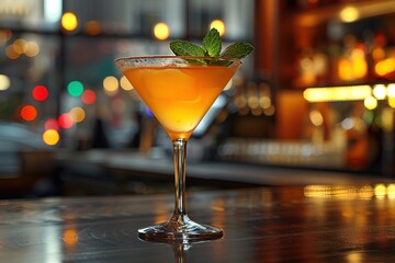 A martini glass with a green leaf on top of it