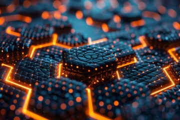 Abstract isometric hexagonal grids with technology icons, creating a cohesive design,
