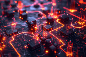 Fototapete - Isometric pattern of geometric shapes and interconnected data transfer icons forming a network,