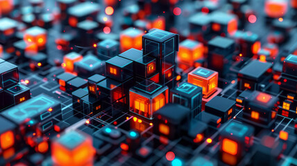 Leinwandbilder - Abstract isometric pattern of cubes and minimalist robot icons, creating a seamless tech-inspired background,