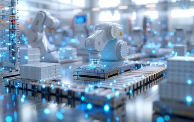 Leinwandbilder - Dynamic Manufacturing Floor with Robotic Arms Assembling Products, Showcasing Modern Industrial Automation and Efficiency