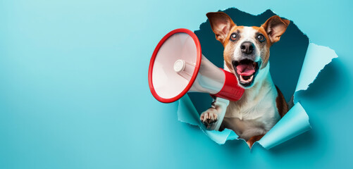 crazy, cute dog hand holding a red megaphone. screaming, Promotion, action, holiday, ad, job questions. Vacancy. Business discount concept, communication, information, news, team media