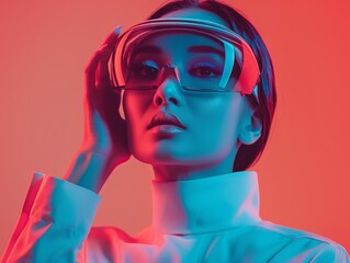 Aufkleber - Asian Woman Engaging with Advanced AR Technology in Futuristic Setting, Exemplifying AI Integration in a Modern Tech Environment