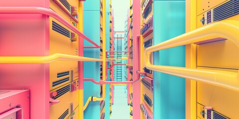 Poster - Data Center Complexity: A Vibrant Illustration of Servers, Cables, and Cooling Systems in a Modern Tech Environment